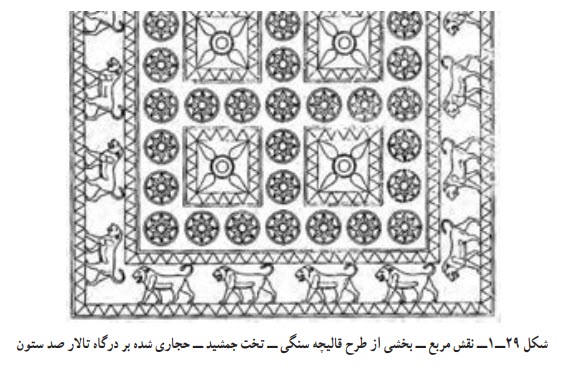 نقش مربع ــ بخشی از طرح قالیچه سنگی ــ تخت جمشید ــ حجاری شده بر درگاه تالار صد ستون